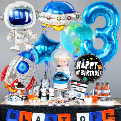 KatchOn, Big Outer Space 3rd Birthday Balloons - Pack of 8 | 3 Year Old Boy Birthday Decorations | 3 Year Balloon | Third Birthday Decorations Boy | Space Themed 3rd Birthday | Space Party Decorations