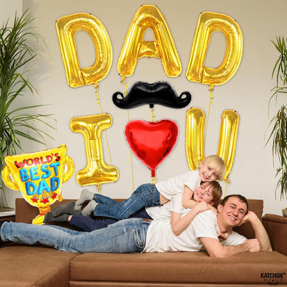 KatchOn, Fathers Day Balloons with Mustach - Giant 32 Inch, Pack of 8 | Gold I Love U Dad Balloons, Best Dad Trophy balloon | Happy Fathers Day Decorations for Party | Fathers day Foil balloons