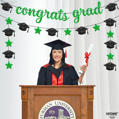 Glitter Congrats Grad Banner - 10 Feet, Pre-Strung | Green Graduation Decorations 2026 | Congratulations Banner | Congratulations Graduation Banner 2026 | Graduation Party Decorations - KatchOn