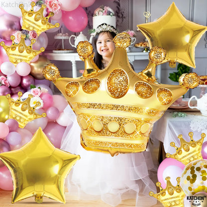 Katchon, Large Gold Crown Balloons And Gold Star Balloons - 28 Inch, Pack Of 14 | gold Party Decorations For Royal Birthday Party Decorations | Royalty Baby Shower | Crown Queen party decorations