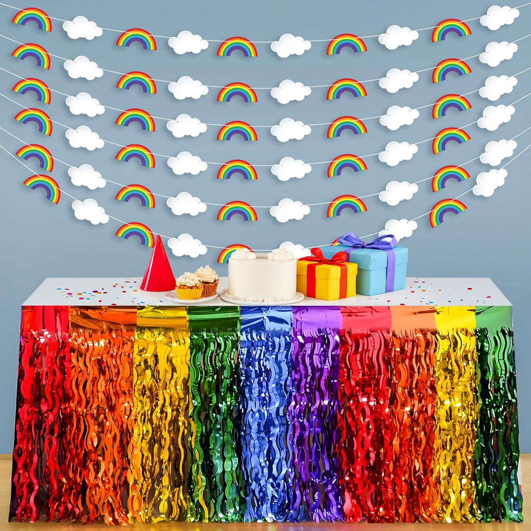 KatchOn, Rainbow Cloud Garland with Table Skirt - Pack of 8, Pre-Assembled | Table Skirt for Rainbow Party Decorations Colorful Birthday Decorations | Multicolor Classroom Decor, Pride Decorations