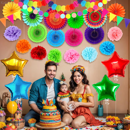 KatchOn, Cinco De Mayo Decorations Set - Pack of 37 | Fiesta Paper Fans, Fiesta Party Decorations | Mexican Banner, Cinco De Mayo Pom Poms | Star Fiesta Balloons and Swirls | Fiesta Decorations