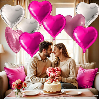 KatchOn, Silver and Pink Heart Balloons- 18 Inch, Pack of 12 | Heart Shaped Balloon for Valentines Day Decorations | Galentines Balloons for Galentines Day Decorations | Happy Valentines Day Balloon