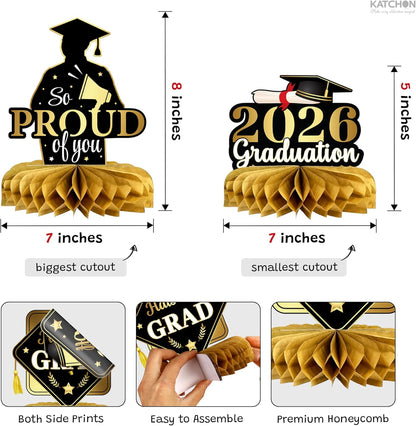 KatchOn, Black and Gold Graduation Centerpieces 2026 - Pack of 12 | Congrats Grad Honeycomb Centerpieces | Graduation Centerpieces For Tables 2026 | 2026 Graduation Decorations, Graduation Party Decor