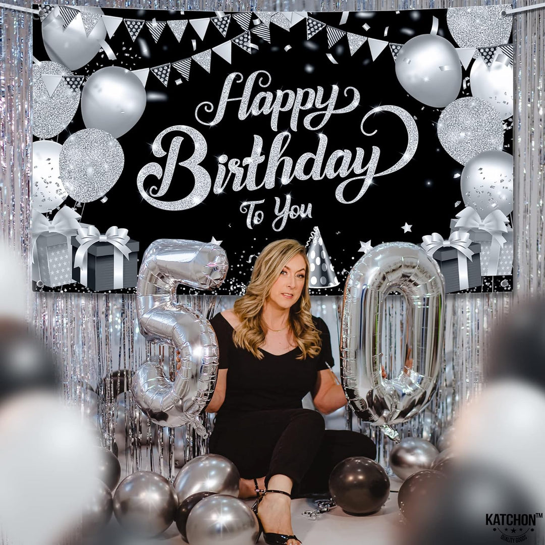 KatchOn, Black and White Happy Birthday Banner - Large, 72x44 Inch | Black and Silver Happy Birthday Banner for Women | Black White Silver Happy Birthday Decorations for Mens, Birthday Party Supplies