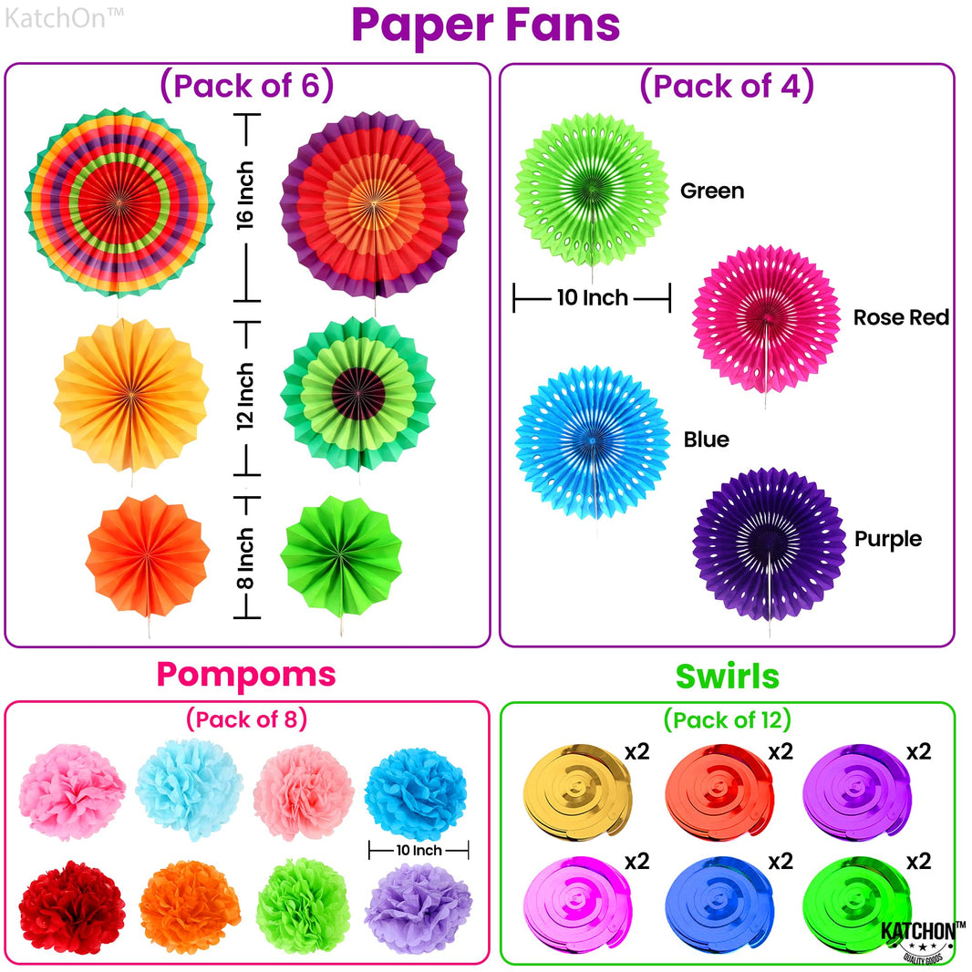 KatchOn, Cinco De Mayo Decorations Set - Pack of 37 | Fiesta Paper Fans, Fiesta Party Decorations | Mexican Banner, Cinco De Mayo Pom Poms | Star Fiesta Balloons and Swirls | Fiesta Decorations