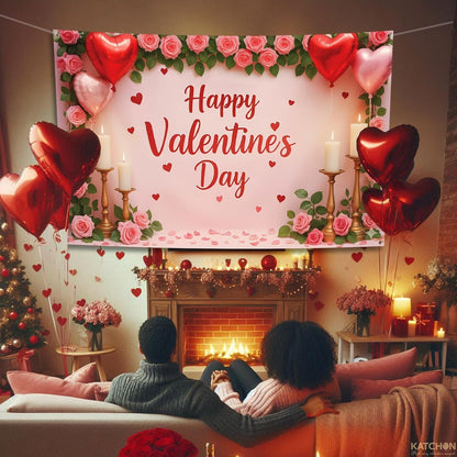 KatchOn, Happy Valentines Day Backdrop - XtraLarge, 72x44 Inch | Pink and Red Valentines Backdrop for Valentines Day Decorations | Happy Valentines Day Sign | Valentines Day Banner, Valentines Décor
