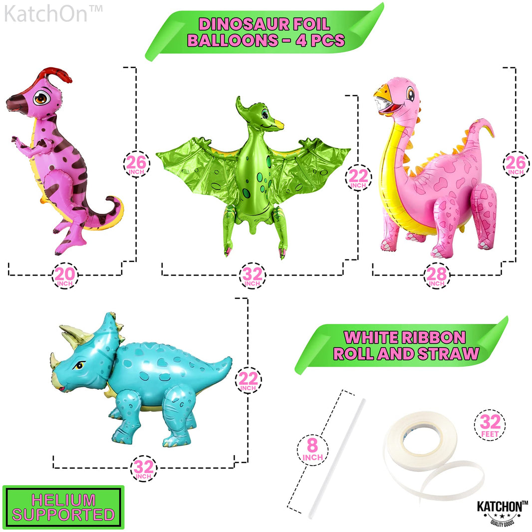 KatchOn, Large Pink Dinosaur Balloons for Birthday Party - Pack of 4 | Pastel Dino Balloons for Dino Party Decorations, Dinosaur Birthday Decorations | Three Rex Birthday Decorations Girl