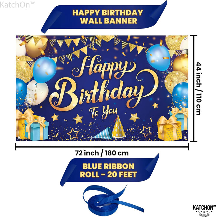 KatchOn, Happy Birthday Banner Blue and Gold - XtraLarge, 72x44 Inch | Happy Birthday Backdrop for Happy Birthday Decorations | Happy Birthday Banner for Boys | Birthday Party Decorations for Men