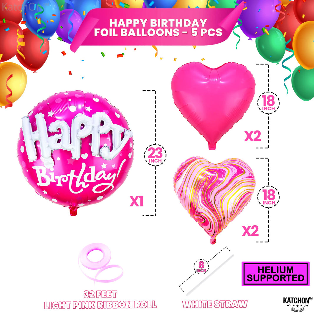 KatchOn, Huge Happy Birthday Balloon Pink Set - 23 Inch, Pack of 5 | Hot Pink Heart Balloons For Happy Birthday Decorations | Foil Balloons For Princess Party Decorations