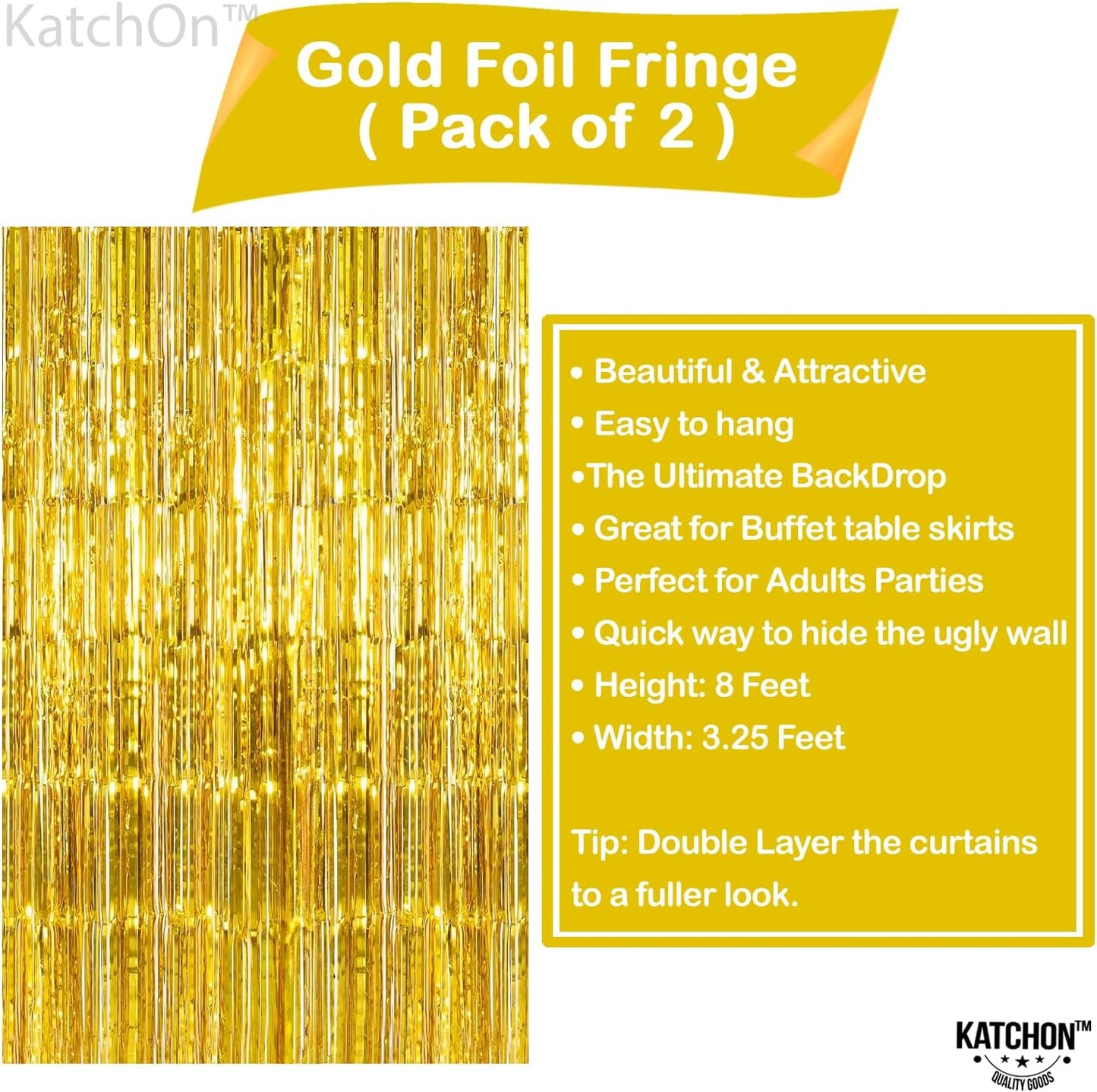 KatchOn, XtraLarge Gold Fringe Curtain Backdrop - 8x3.2 Feet, Pack of 2 Gold Streamers Party Decorations | Gold Foil Curtain for Gold Party Decorations | Gold Streamer Backdrop, Graduation Decorations