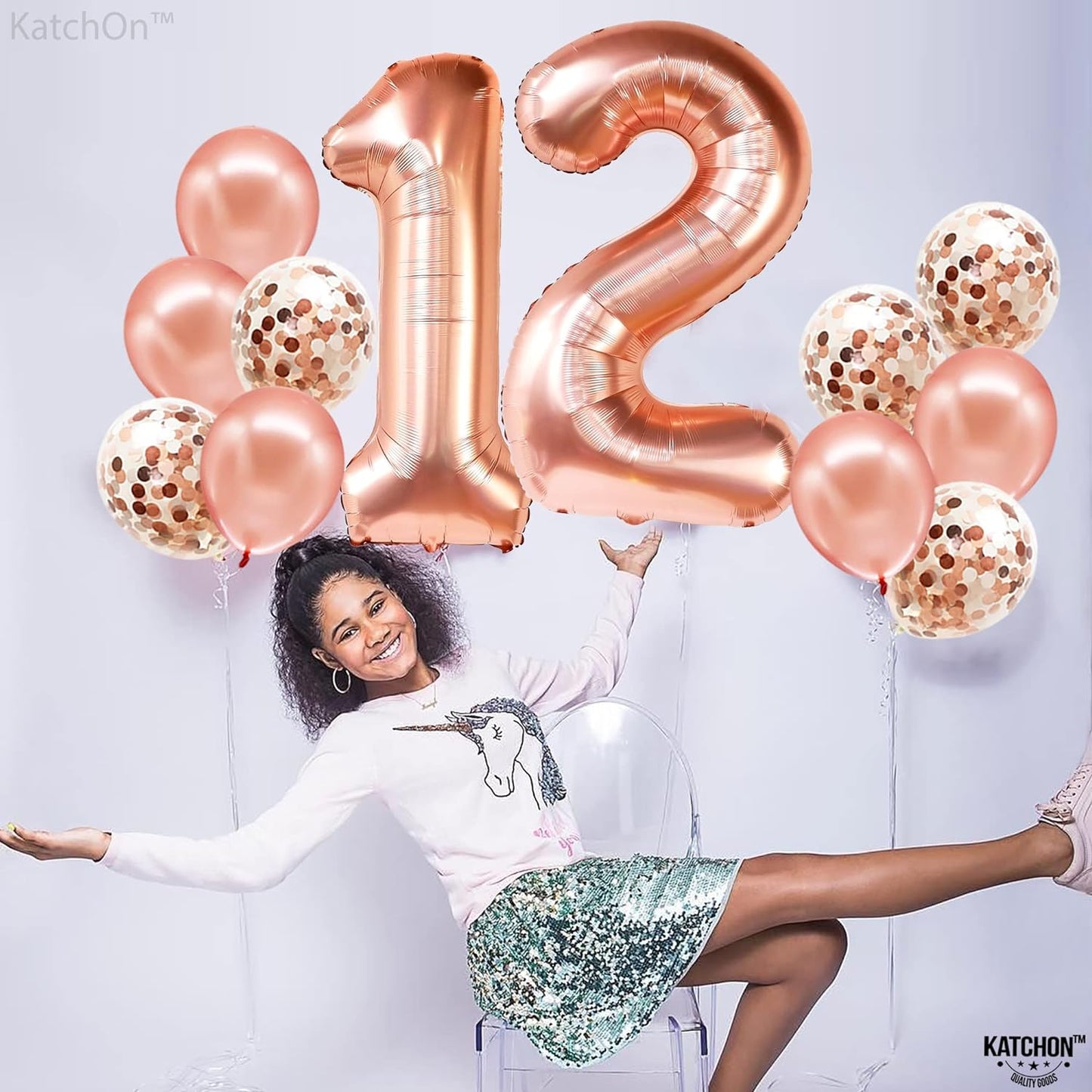 KatchOn, Rose Gold Number 12 Balloons - 40 Inch | 12th Birthday Decorations for Girls | 12th Birthday Balloons with Confetti Balloons | 12 Birthday Balloon for Girls | Number 12 Balloons for Birthdays