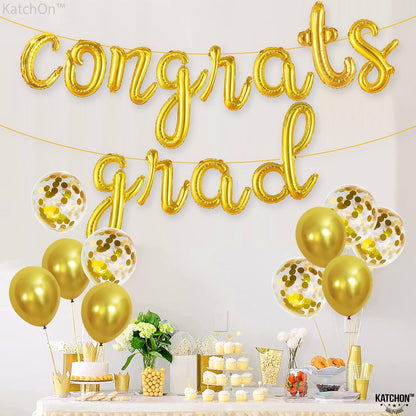 Graduation Decorations 2026 | Gold Congrats Grad Balloons Banner - Script, 16 Inch | Congrats Grad Balloon for Graduation | Graduation Balloons for Congrats Grad Decorations, KatchOn
