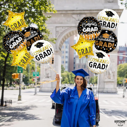 KatchOn, Congrats Grad Balloon Set - 18 Inch, Pack of 12 | Congrats Grad Balloons for Graduation Decorations 2026, Black and Gold Graduation Balloons, Congrats Grad Decorations, Grad Party Décor