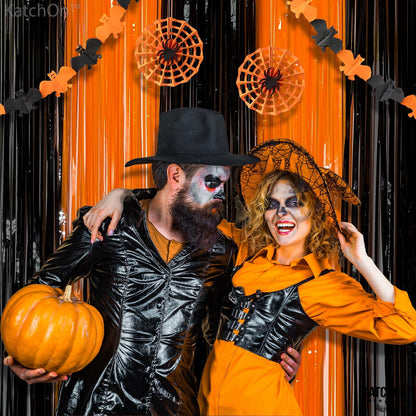 KatchOn, Black and Orange Foil Fringe Curtain - XtraLarge 3.2x8 Feet, Pack of 2 | Orange and Black Streamers, Halloween Decorations | Fringe Backdrop Curtain for Birthday, Basketball Party Decorations