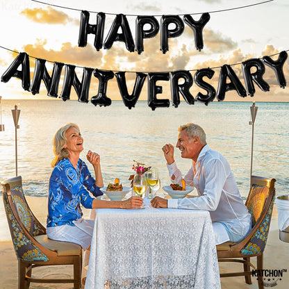 KatchOn, Happy Anniversary Balloons Black - 16 Inch | Black Happy Anniversary Banner Decorations | Backdrop | Balloon Banner