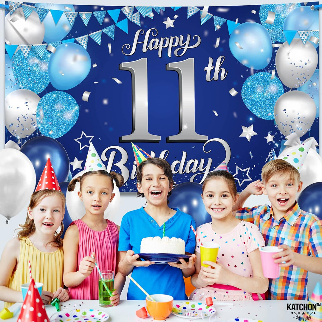 KatchOn, Blue, Silver Happy 11th Birthday Banner - Large, 72x44 Inch | 11th Birthday Decorations for Girls | 11th Birthday Banner, 11 Year Old Birthday Decorations | 11th Birthday Decorations for Boys
