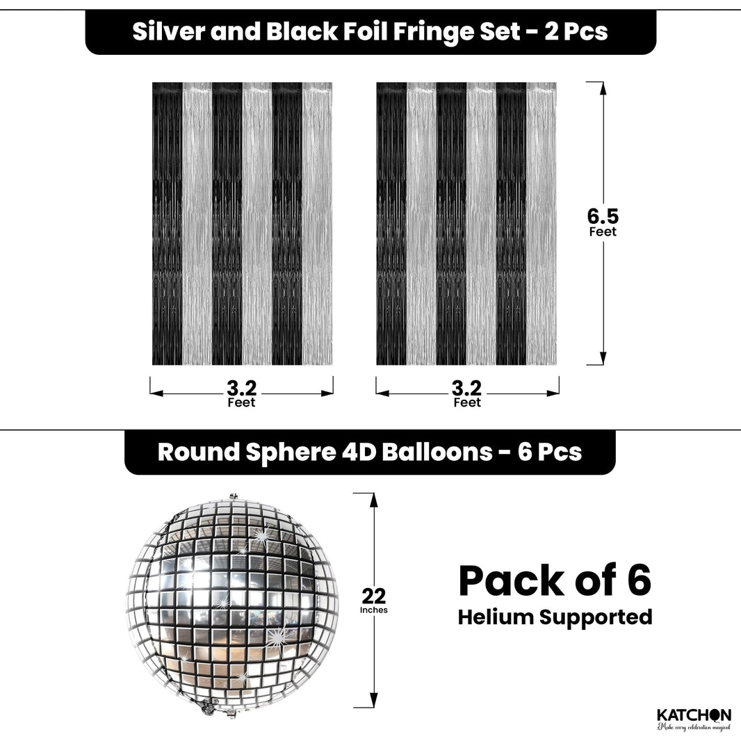 KatchOn, Disco Party Decorations Set - Huge, Pack of 8 | 4D Disco Ball Balloons, Black and Silver Fringe Backdrop Curtain for Bachelorette Party Decorations, New Year, Birthday, Wedding, Anniversary