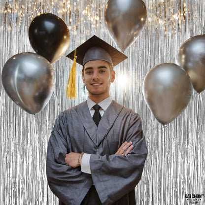 KatchOn,  XtraLarge Silver Backdrop Curtain - Pack of 4 | Silver Streamers Backdrop for Prom Decorations, Graduation Decorations 2025 | Fringe Backdrop for Birthday and Bachelorette Decorations