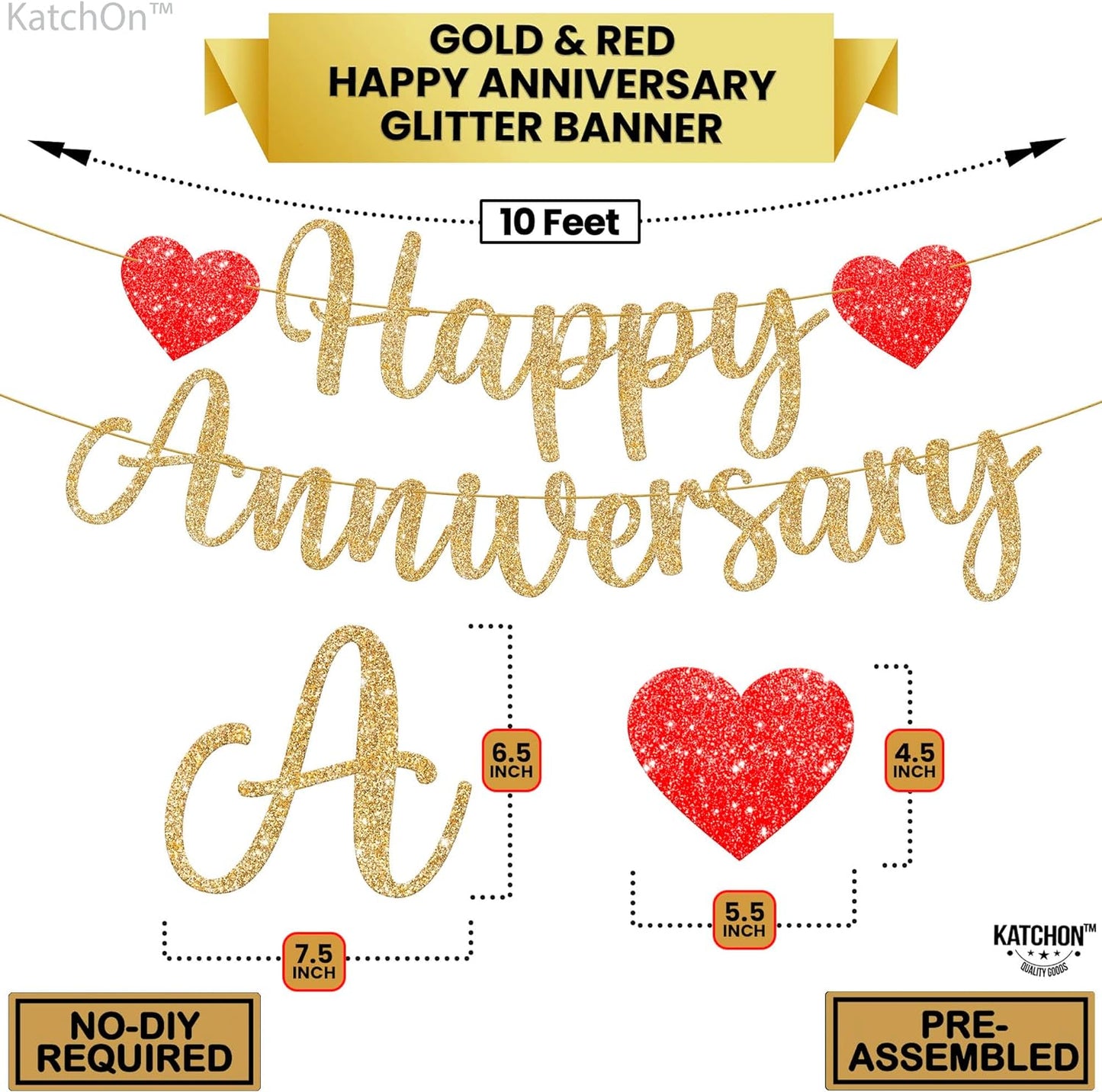 KatchOn, Glitter Happy Anniversary Banner Gold - No DIY, 2 String, 10 Feet | Happy Anniversary Decorations for Party | Wedding Anniversary Decorations | Happy Anniversary Sign for Romantic Decorations