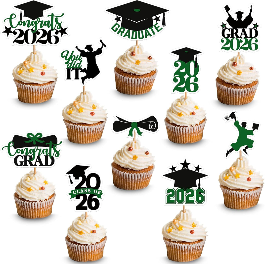 KatchOn, Green and Black Graduation Cake Topper 2026 - Pack of 36 | Graduation Cupcake Toppers 2026, Graduation Cake Toppers 2026 for Green and Black Graduation Decorations 2026