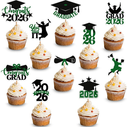 KatchOn, Green and Black Graduation Cake Topper 2026 - Pack of 36 | Graduation Cupcake Toppers 2026, Graduation Cake Toppers 2026 for Green and Black Graduation Decorations 2026