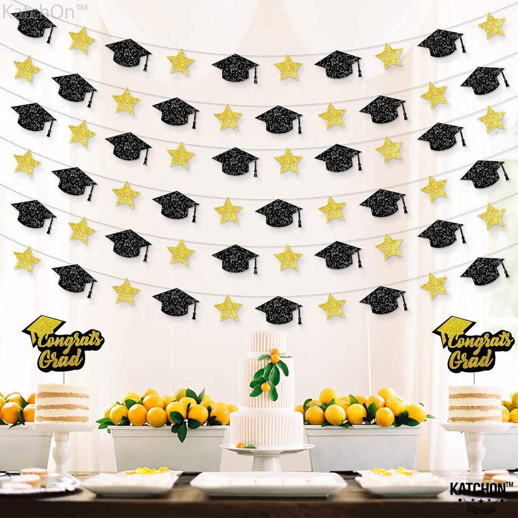 Graduation Decorations 2026, Graduation Cap Garland - 10 Feet, No DIY | Grad Garland Class of 2026, Black and Gold Grad Decorations 2026 | Grad Cap Decor for 2026 Graduation Decorations - KatchOn