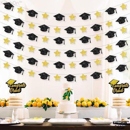 Graduation Decorations 2026, Graduation Cap Garland - 10 Feet, No DIY | Grad Garland Class of 2026, Black and Gold Grad Decorations 2026 | Grad Cap Decor for 2026 Graduation Decorations - KatchOn