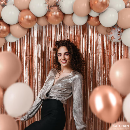 KatchOn, Rose Gold Party Decorations Set – Big, Pack of 52 | Rose Gold Fringe Backdrop with Latex & Confetti Balloons for Birthday, Wedding, Anniversary, Bridal Shower, Bachelorette Party Decorations