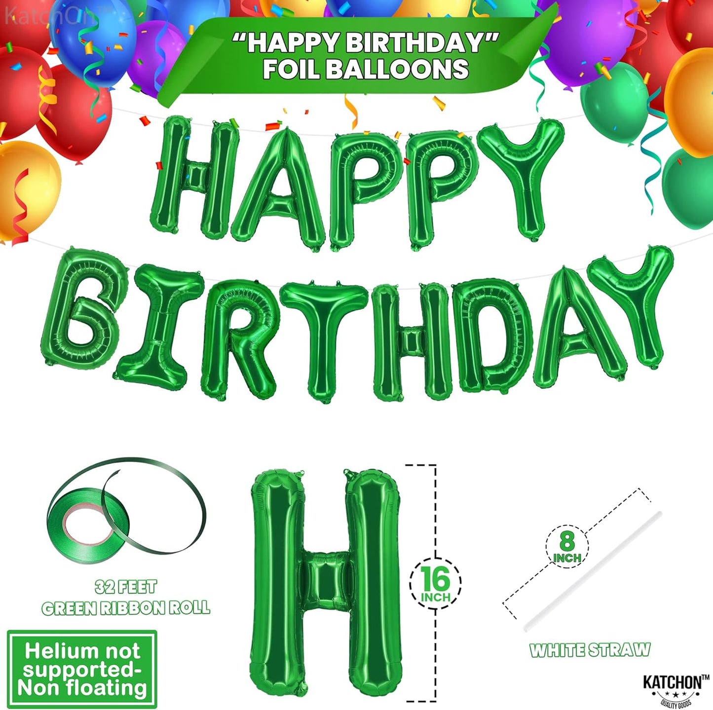 KatchOn, Green Happy Birthday Balloons - 16 Inch | Green Happy Birthday Banner, Green Birthday Sign | Jungle Party Decorations | Green Happy Birthday Sign for Emerald Green Birthday Decorations Women