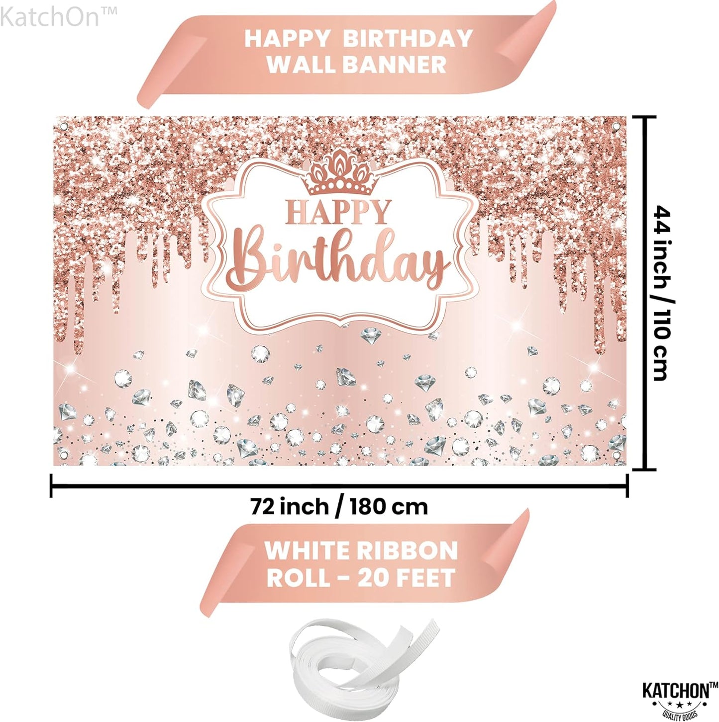 KatchOn, XtraLarge Rose Gold Happy Birthday Banner - 72x44 Inch | Pink Happy Birthday Decorations for Women | Rose Gold Happy Birthday Backdrop for Girls | Princess Theme Pink Birthday Decorations