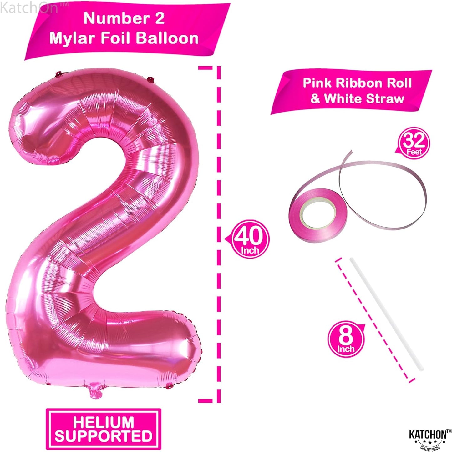 KatchOn, Pink Number 2 Balloon - 40 Inch | Hot Pink 2 Balloon, 2nd Birthday Decorations for Girl | Pink Birthday Decorations | Two Balloons for 2nd Birthday, Two Legit To Quit Party Decorations Girl