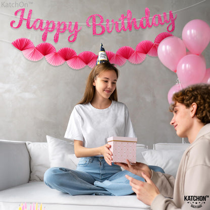 KatchOn, Pre Strung Pink Cursive Happy Birthday Banner with Paper Fan Garland Set | Happy Birthday Sign, Pink Paper Banner for Happy Birthday Decorations | Hot Pink Happy Birthday Party Decor for Girl