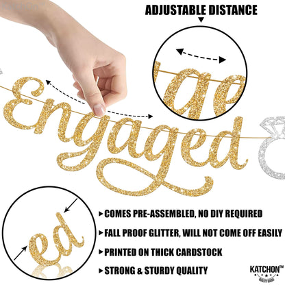 KatchOn, Pre-Strung Gold and Silver Glitter Engaged Banner - 2 String, 10 Feet, No DIY | Engagement Party Decorations |  Banner for Bachelorette Party Decorations, Engagement Decorations