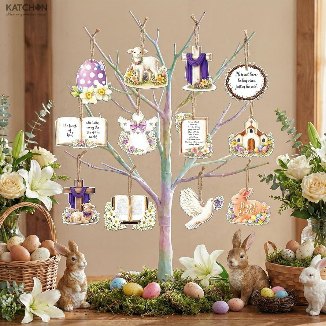 katchon wooden easter hanging decorations pack of 24 little diy easter ornaments set religious easter decorations for home he is risen decor happy easter sign religious decor for home