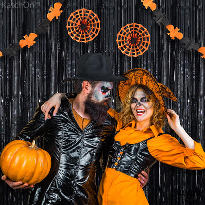 KatchOn Large Black Fringe Backdrop - Pack of 2 | Black Streamers for Halloween Decorations Indoor  | Tinsel Backdrop for Anniversary, Engagement, Birthday, Bachelorette, New Years Decorations