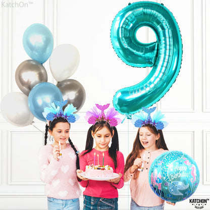 KatchOn, Giant Aqua Blue Number 9 Balloon - 40 Inch | Foil 9 Birthday Balloon for 9th Birthday Decorations | 9th Anniversary Decoration | Ocean Party Decoration