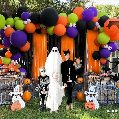 KatchOn, Black and Orange Foil Fringe Curtain - XtraLarge 3.2x8 Feet, Pack of 2 | Orange and Black Streamers, Halloween Decorations | Fringe Backdrop Curtain for Birthday, Basketball Party Decorations