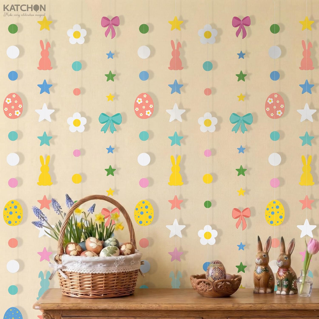 katchon easter garland 3 2 feet 10 strings no diy easter decorations for home easter banner with bunny egg flowers bow colorful hanging garland party decorations