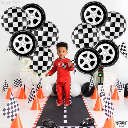 KatchOn, Tire Balloons and Checkered Balloon Set - 18 Inch, Pack of 12 | Tire Balloon for Two Fast Two Curious Birthday Decorations | Two Fast Birthday Decorations Boy | Cars Birthday Party Supplies