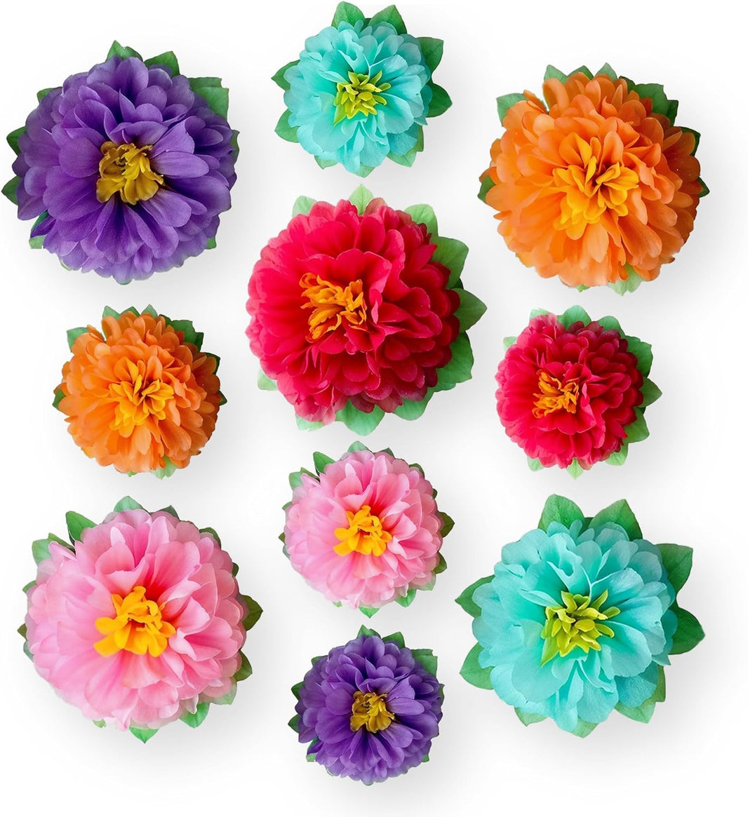 Colorful Fiesta Paper Flowers Pack of 10-6 inch 5pc and 8 inch 5pc | Mexican Party Decorations, Luau Party Decorations, Flower Wall Decor, Birthday Decor, Fiesta Party Decoration - KatchOn