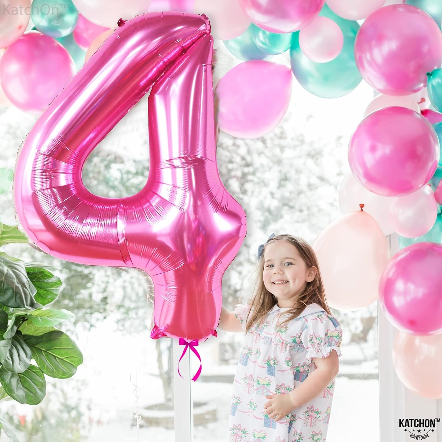 KatchOn, Hot Pink Number 4 Balloon - 40 Inch | Hot Pink 4 Birthday Balloon, 4 Year Old Birthday Decorations | 4 Balloon Number for Birthday | Four Balloon for 4th Birthday Party Decorations for Girls