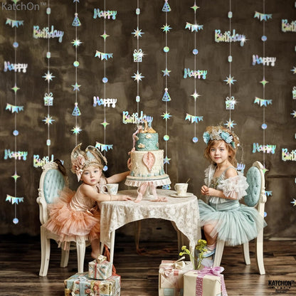 KatchOn, Iridescent Happy Birthday Garland Banner - 6.5 Feet, Pack of 8 | Silver Hanging Garland For Happy Birthday Decorations | Disco Theme Party Decorations | No DIY