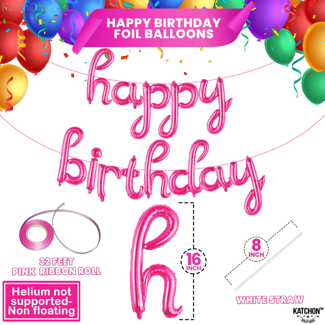 KatchOn, Pink Happy Birthday Balloon Banner - 16 Inch | Happy Birthday Banner | Hot Pink Birthday Decorations for Women, Girls | Pink Party Decorations