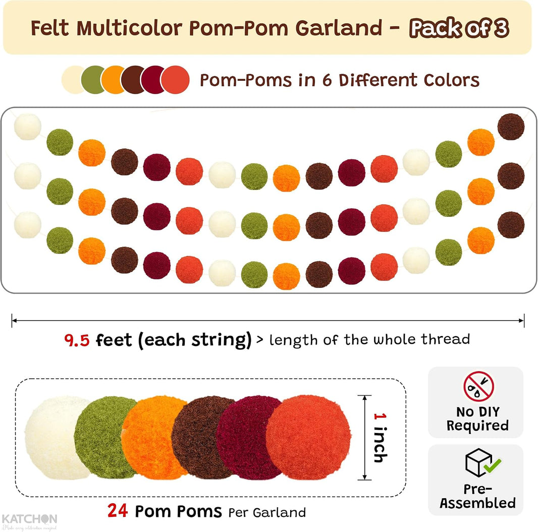KatchOn, Pom Pom Garland - Pack of 3 for Fall Decorations, Fall Decor