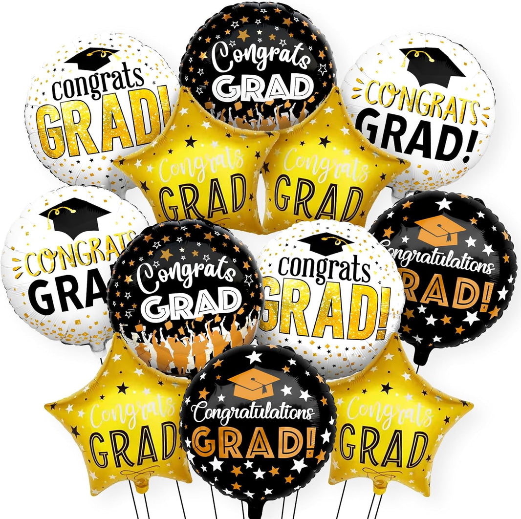 KatchOn, Congrats Grad Balloon Set - 18 Inch, Pack of 12 | Congrats Grad Balloons for Graduation Decorations 2026, Black and Gold Graduation Balloons, Congrats Grad Decorations, Grad Party Décor