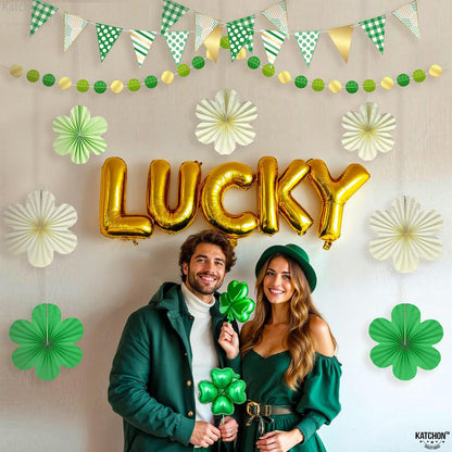 KatchOn, St Patricks Day Hanging Decorations Set - Pack of 9 | 13 Feet, St Patricks Day Garland, Shamrock Paper Fan for St Patricks Day Decorations | Shamrock Garland for Shamrock Decorations