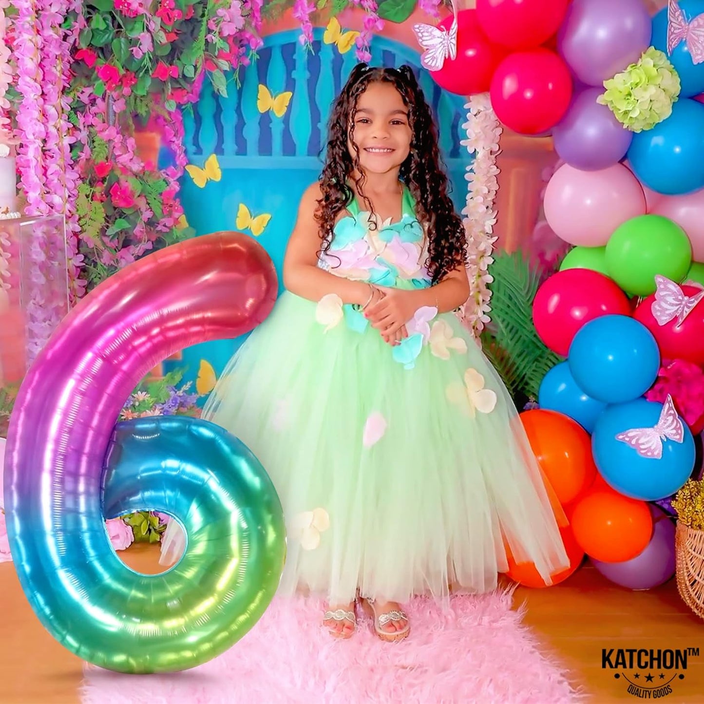 KatchOn, Giant Rainbow Number 6 Balloon - 40 Inch | 6 Balloons for Birthday Girl | 6 Balloon Number for 6th Birthday Decorations for Girls | 6th Birthday Balloons, Rainbow Cheetah Party Supplies