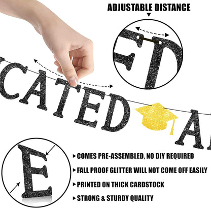 KatchOn, Glitter Black Educated AF Banner - 10 Feet, NO DIY | 2026 Graduations Banner, graduation Party Decorations 2026 | Funny graduation banner Class of 2026, 2026 Graduation Decorations
