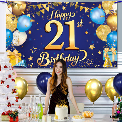 KatchOn, Blue and Gold Happy 21st Birthday Banner - XtraLarge, 72x44 Inch | Blue and Gold Backcrop Banner for 21st Happy Birthday Decorations  | 21 Party Decorations for Girl